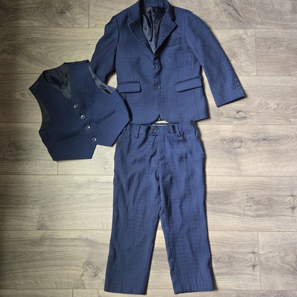 Andrew Fezza Boys 3 Piece Suit Navy Blue Grid Pattern Blazer Vest Pants Set Sz 4